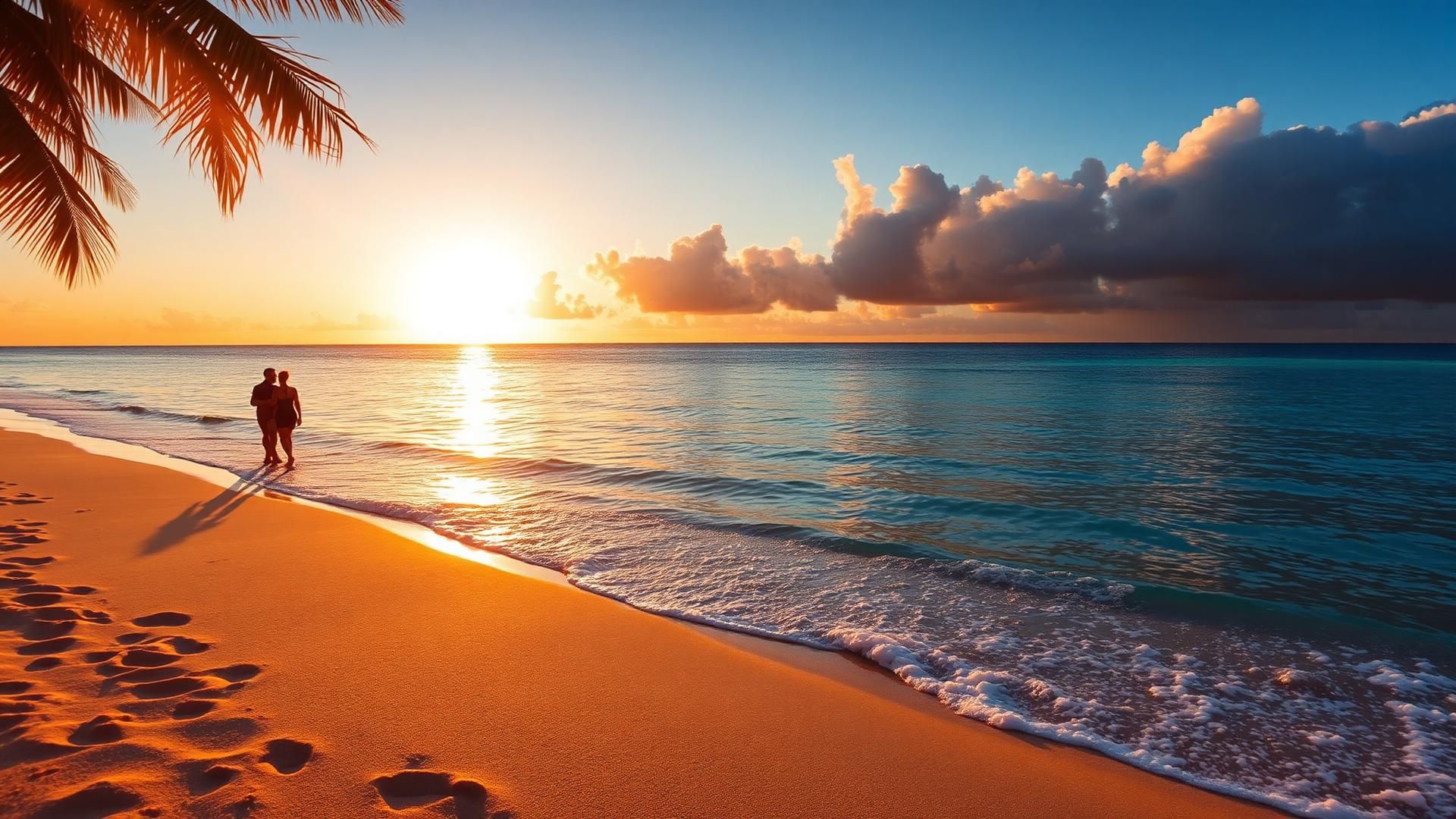 Casal caminhando em praia tropical ao pôr do sol